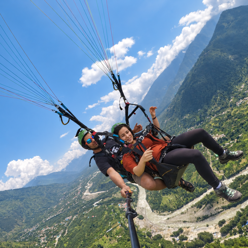 Tandem paragliding pilot and passenger flying above the Kullu Valley in Dobhi
